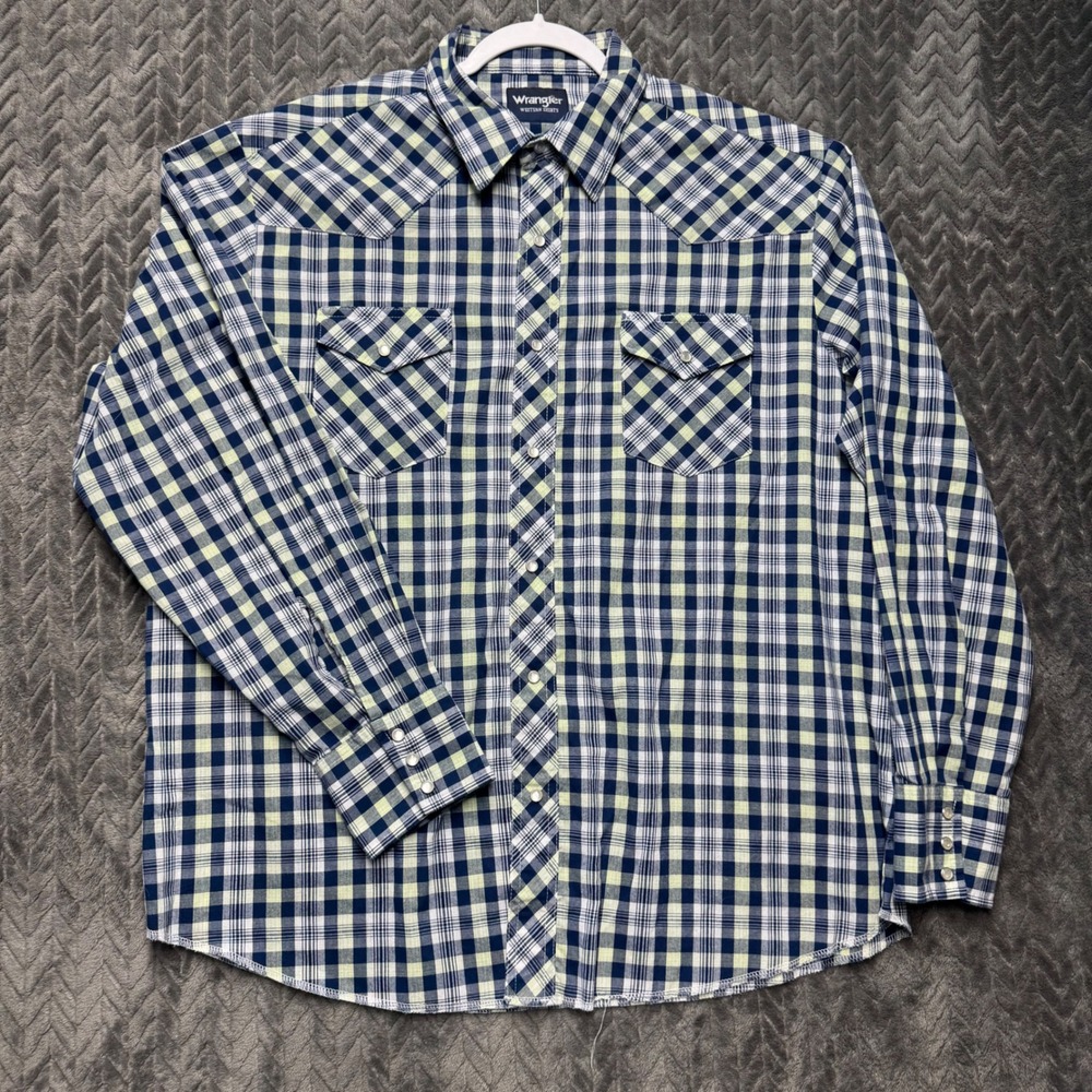 Wrangler Western Shirt XL Blue Green Plaid Excellent Pearl Snap Plaid (2056)